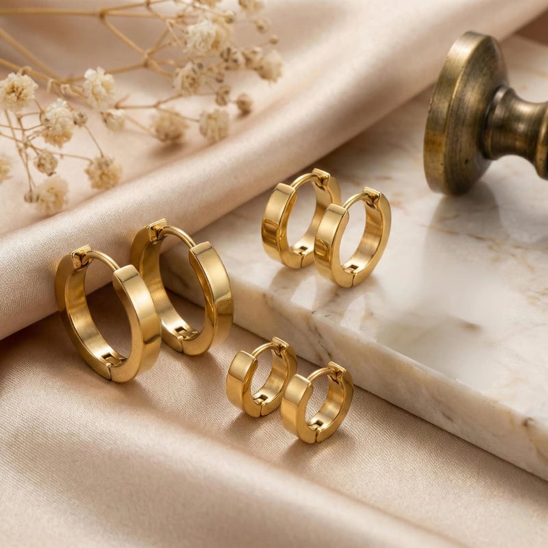 طقم حلقان أنيقة، مصنوعة من الستانلس ستيل المقاوم للصدأ. 3 أزواج بمقاسات متدرجة، لتمنحك حرية التنسيق بأسلوب الطبقات أو اختيار المقاس الأمثل لكل مناسبة. - Image 3